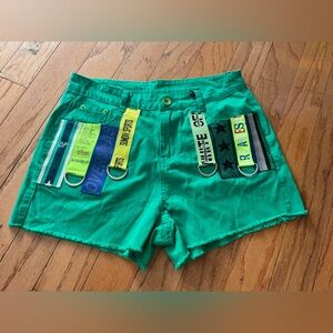 Green Denim Shorts with Colorful Straps